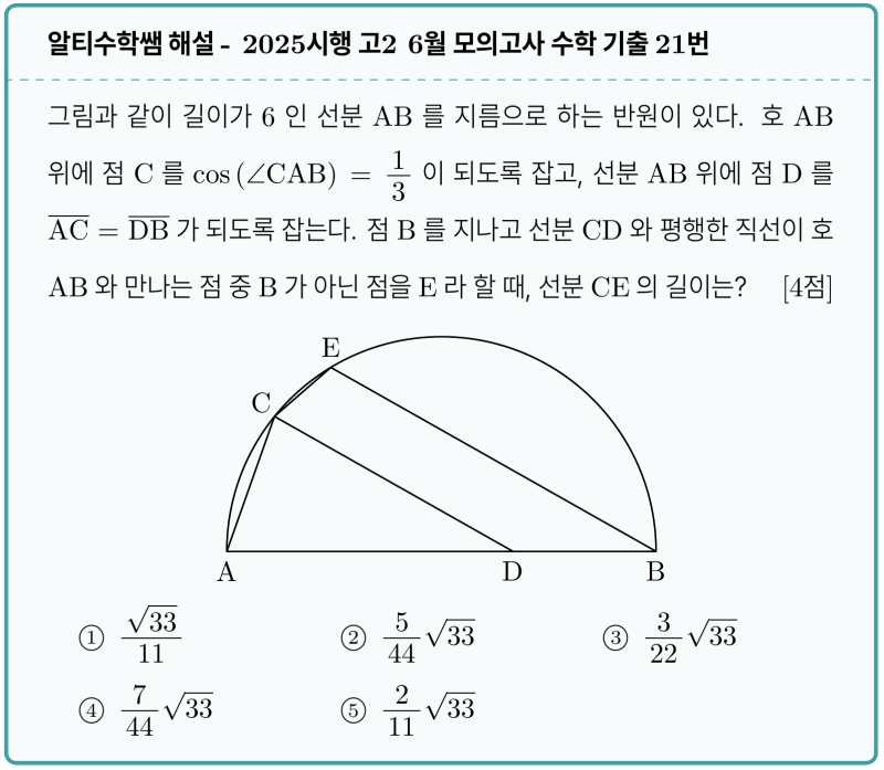 알티수학 쌤 보조선 #2 - 2025시행 고2 6월 모의고사 수학 기출 21번, 초간단 풀이, 중학교 기하를 잘해야 하는 이유 (feat.닮음, 코사인 법칙) — 그림 1